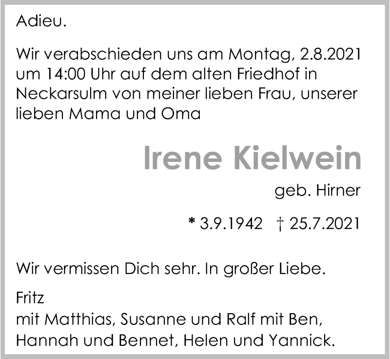  Traueranzeige für Irene Kielwein vom 31.07.2021 aus GESAMT