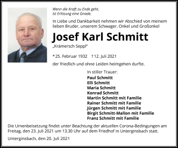 Traueranzeige von Josef Karl Schmitt von GESAMT