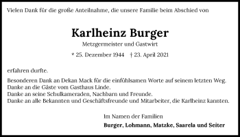 Traueranzeige von Karlheinz Burger