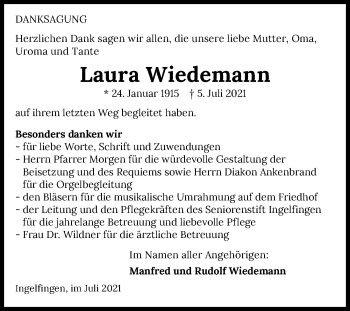 Traueranzeige von Laura Wiedemann von GESAMT