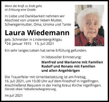 Traueranzeige von Laura Wiedemann von GESAMT