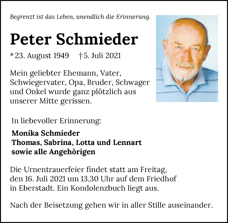  Traueranzeige für Peter Schmieder vom 13.07.2021 aus GESAMT