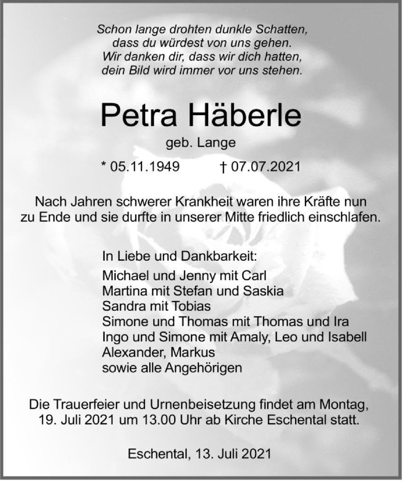 Traueranzeige für Petra Häberle vom 13.07.2021 aus GESAMT