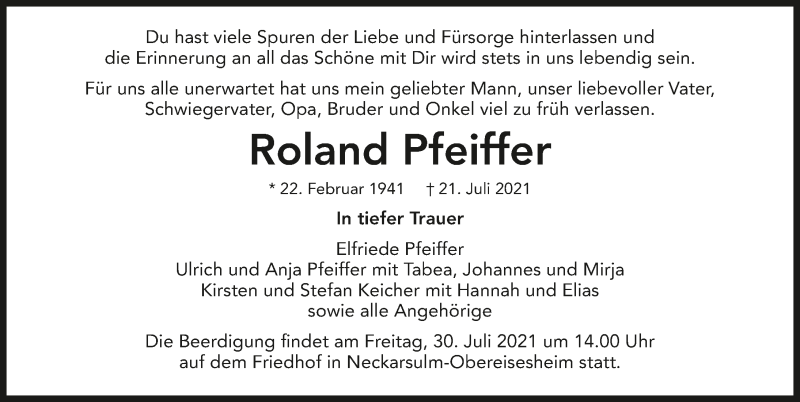  Traueranzeige für Roland Pfeiffer vom 24.07.2021 aus GESAMT