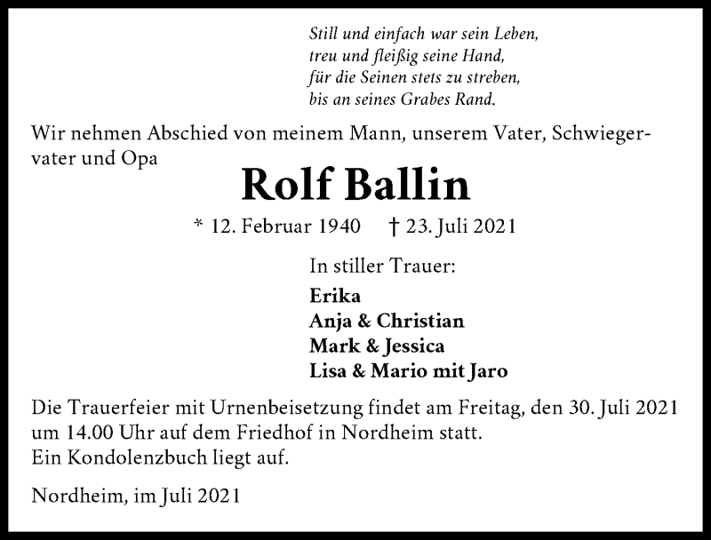  Traueranzeige für Rolf Ballin vom 28.07.2021 aus GESAMT