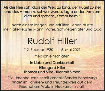 Traueranzeige von Rudolf Hiller von GESAMT