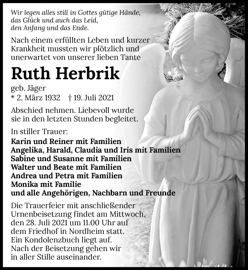  Traueranzeige für Ruth Herbrik vom 27.07.2021 aus GESAMT