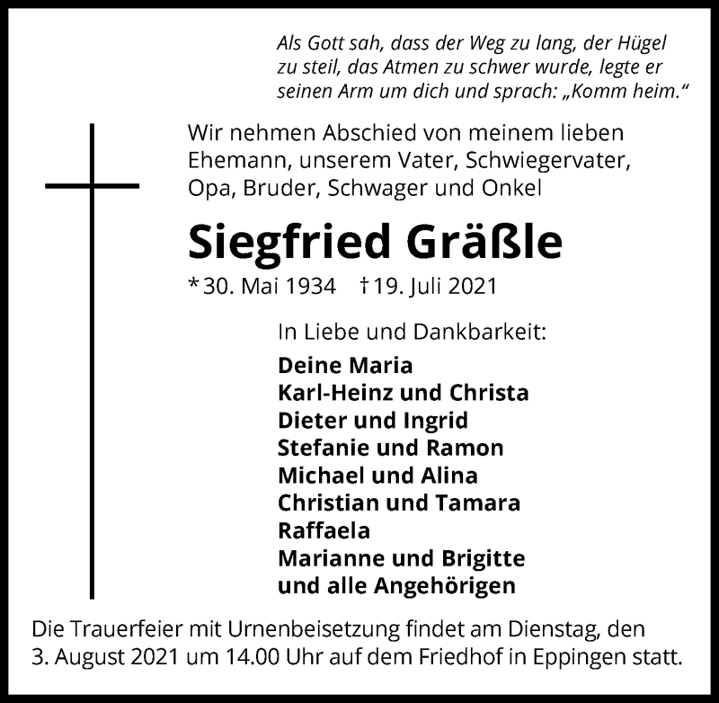  Traueranzeige für Siegfried Gräßle vom 30.07.2021 aus GESAMT