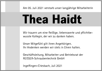 Traueranzeige von Thea Haidt von GESAMT