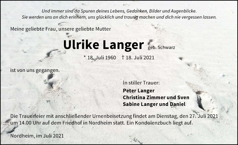  Traueranzeige für Ulrike Langer vom 24.07.2021 aus GESAMT