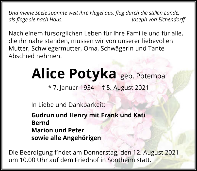  Traueranzeige für Alice Potyka vom 07.08.2021 aus GESAMT