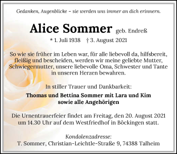 Traueranzeige von Alice Sommer von GESAMT