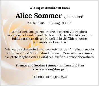 Traueranzeige von Alice Sommer von GESAMT