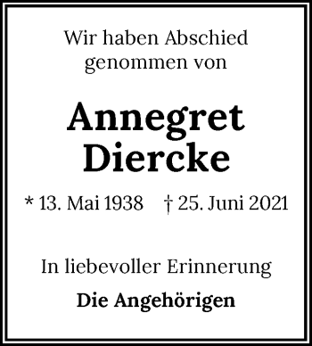 Traueranzeige von Annegret Diercke von GESAMT