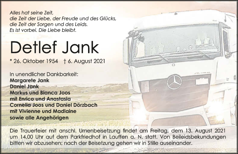  Traueranzeige für Detlef Jank vom 11.08.2021 aus GESAMT