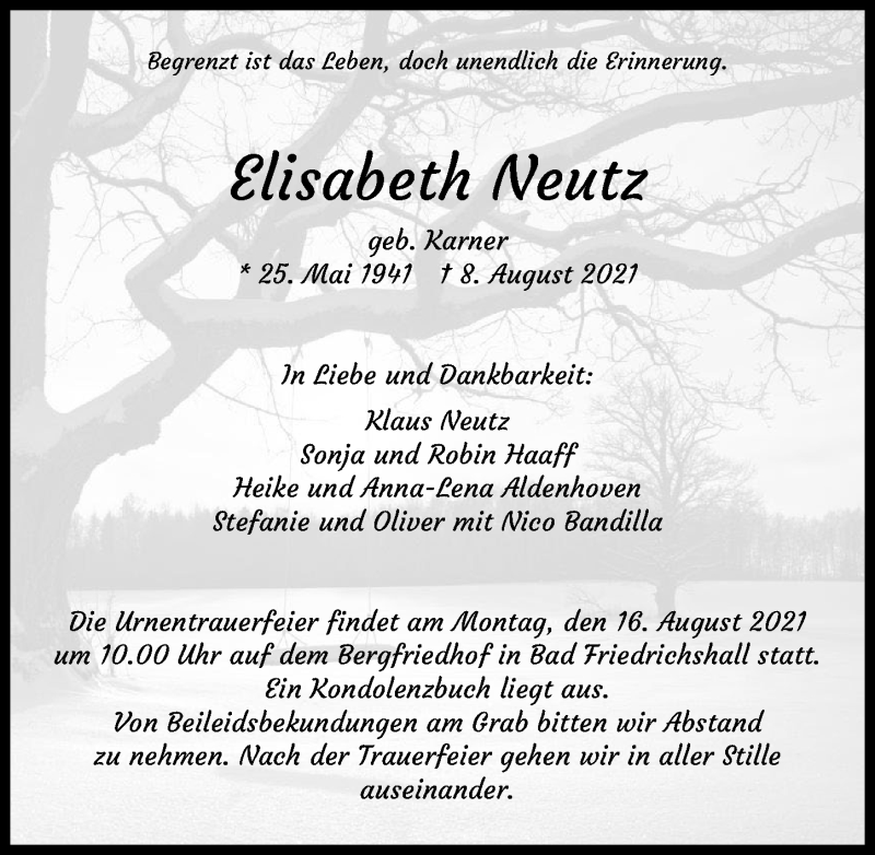  Traueranzeige für Elisabeth Neutz vom 12.08.2021 aus GESAMT