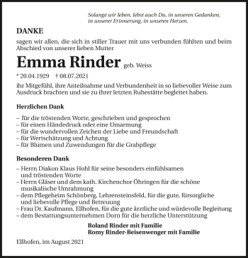 Traueranzeige von Emma Rinder von GESAMT