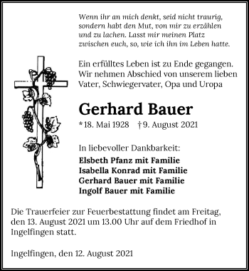 Traueranzeige von Gerhard Bauer von GESAMT