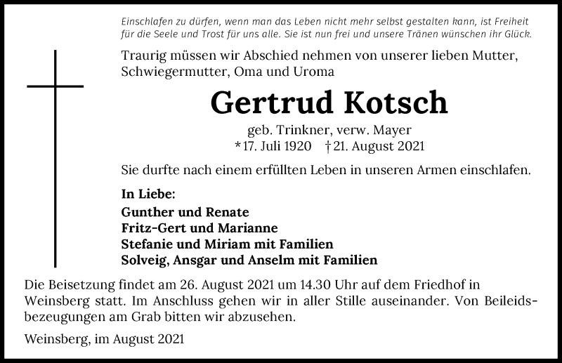  Traueranzeige für Gertrud Kotsch vom 24.08.2021 aus GESAMT