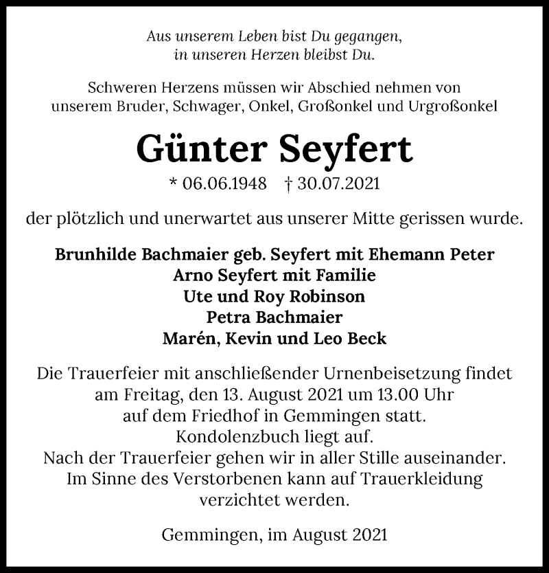  Traueranzeige für Günter Seyfert vom 07.08.2021 aus GESAMT