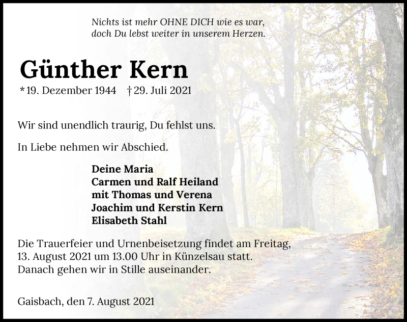  Traueranzeige für Günther Kern vom 07.08.2021 aus GESAMT