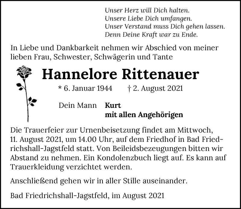  Traueranzeige für Hannelore Rittenauer vom 09.08.2021 aus GESAMT
