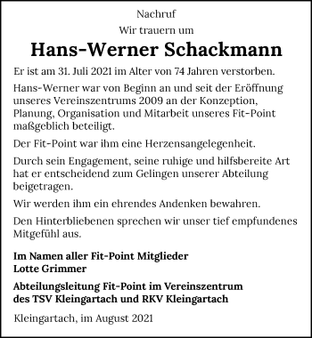 Traueranzeige von Hans-Werner Schackmann von GESAMT