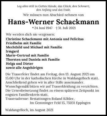 Traueranzeige von Hans-Werner Schackmann von GESAMT