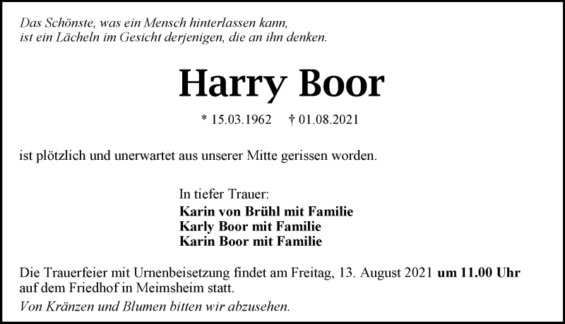  Traueranzeige für Harry Boor vom 10.08.2021 aus GESAMT