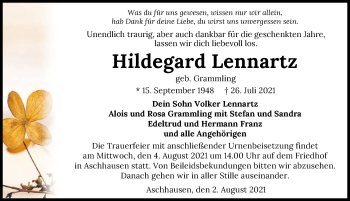 Traueranzeige von Hildegard Lennartz von GESAMT