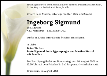Traueranzeige von Ingeborg Sigmund von GESAMT
