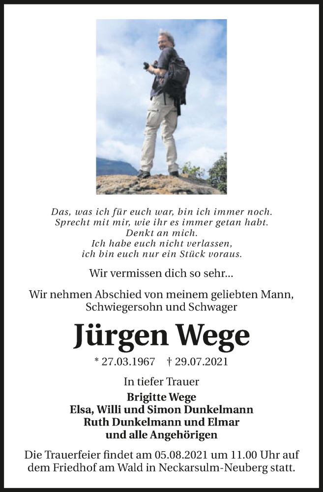  Traueranzeige für Jürgen Wege vom 04.08.2021 aus GESAMT