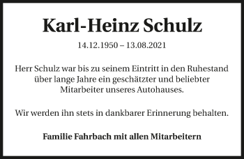 Traueranzeige von Karl-Heinz Schulz von GESAMT