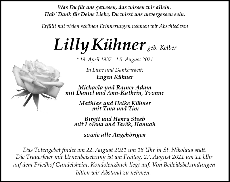 Traueranzeigen Von Lilly Kühner Trauerundgedenkende