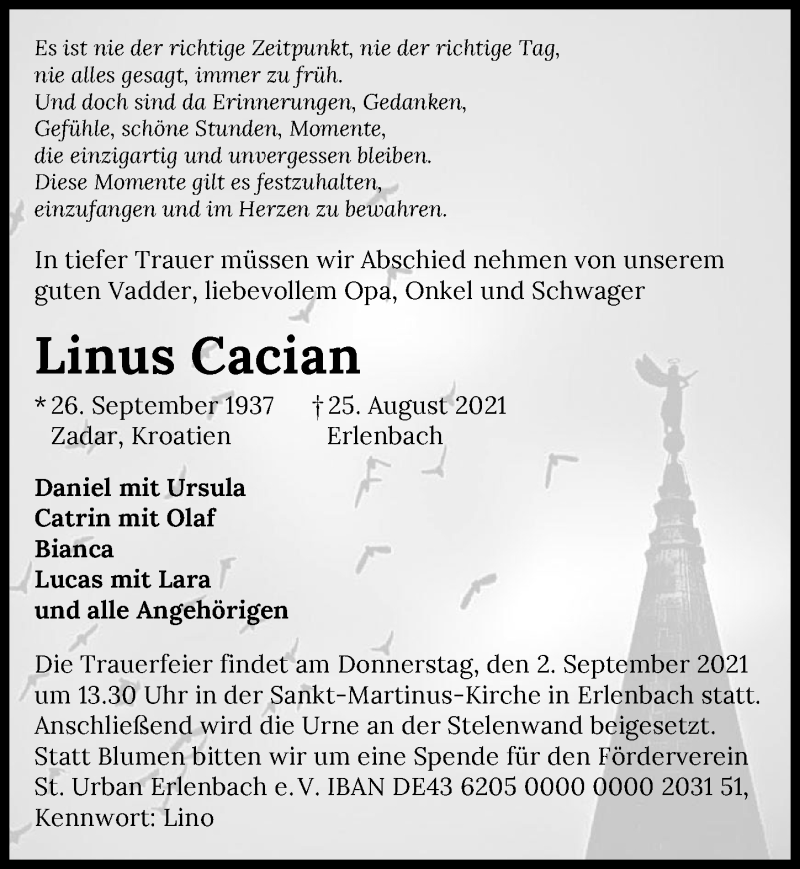  Traueranzeige für Linus Cacian vom 31.08.2021 aus GESAMT