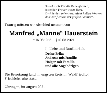 Traueranzeige von Manfred Hauerstein von GESAMT