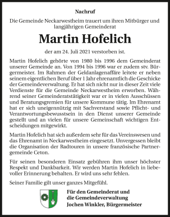 Traueranzeige von Martin Hofelich von GESAMT