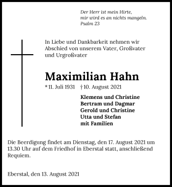 Traueranzeige von Maximilian Hahn von GESAMT