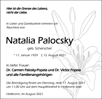 Traueranzeige von Natalia Palocsky von GESAMT