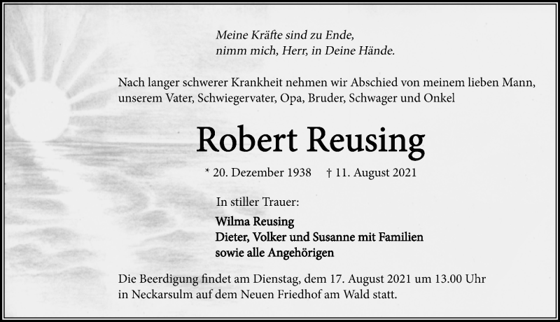  Traueranzeige für Robert Reusing vom 14.08.2021 aus GESAMT