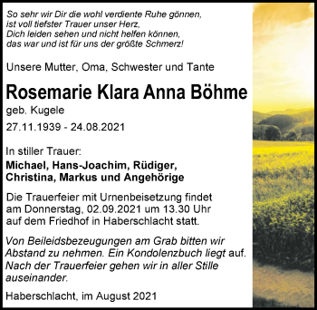 Traueranzeige von Rosemarie Böhme von GESAMT