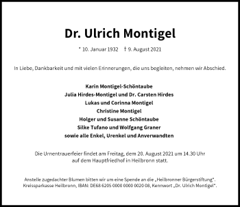 Traueranzeige von Ulrich Montigel von GESAMT