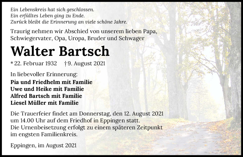  Traueranzeige für Walter Bartsch vom 11.08.2021 aus GESAMT
