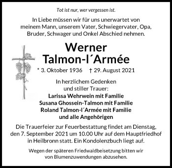 Traueranzeige von Werner Talmon-l'Armée von GESAMT