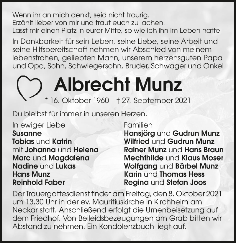  Traueranzeige für Albrecht Munz vom 30.09.2021 aus GESAMT