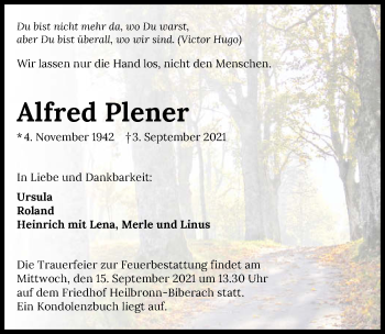 Traueranzeige von Alfred Plener von GESAMT