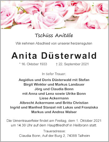 Traueranzeige von Anita Düsterwald von GESAMT