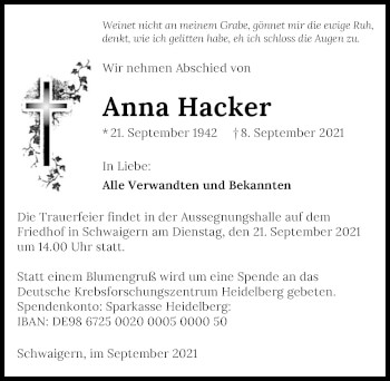 Traueranzeige von Anna Hacker von GESAMT