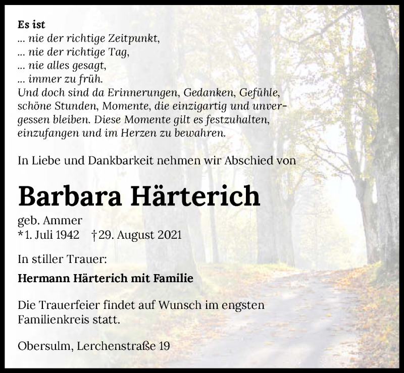  Traueranzeige für Barbara Härterich vom 04.09.2021 aus GESAMT