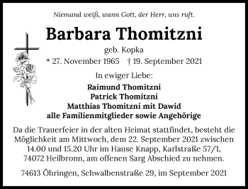 Traueranzeige von Barbara Thomitzni von GESAMT